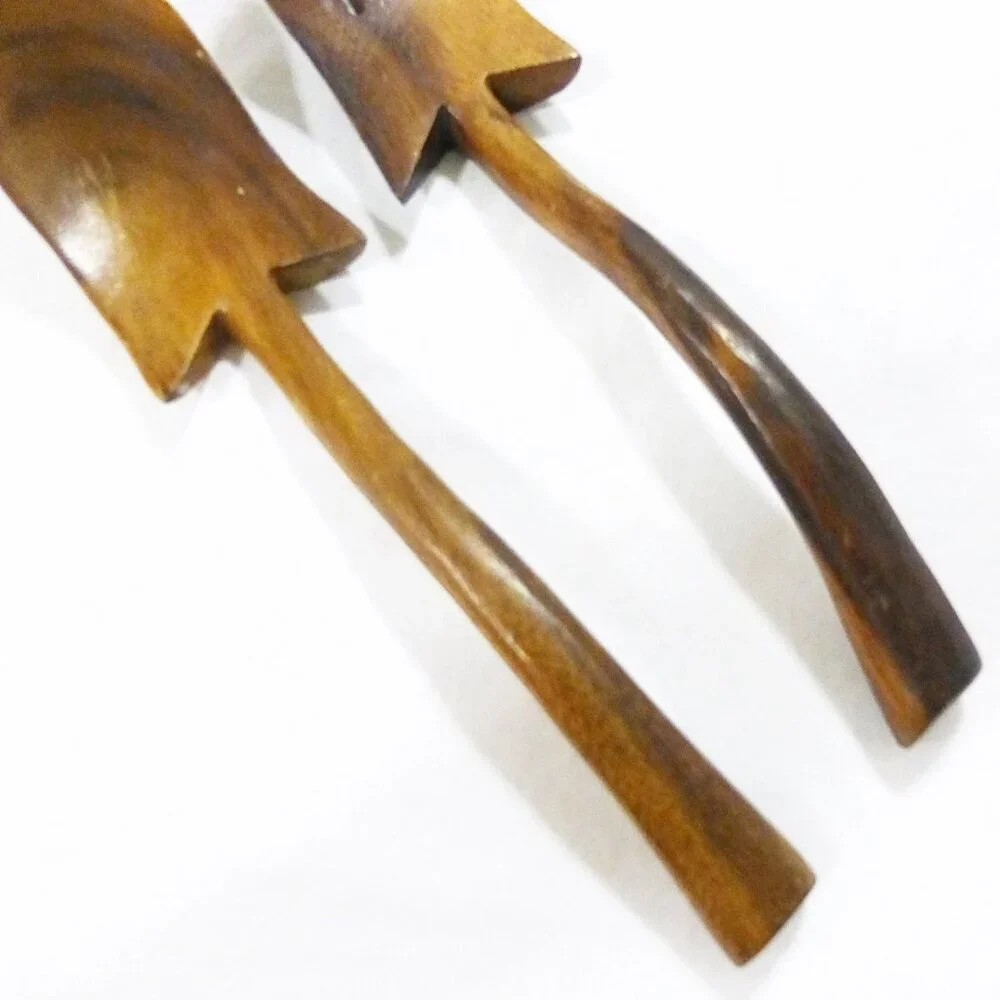 Vintage teak wood fork‎ and spoon serving set salad handcrafted rustic farmhouse